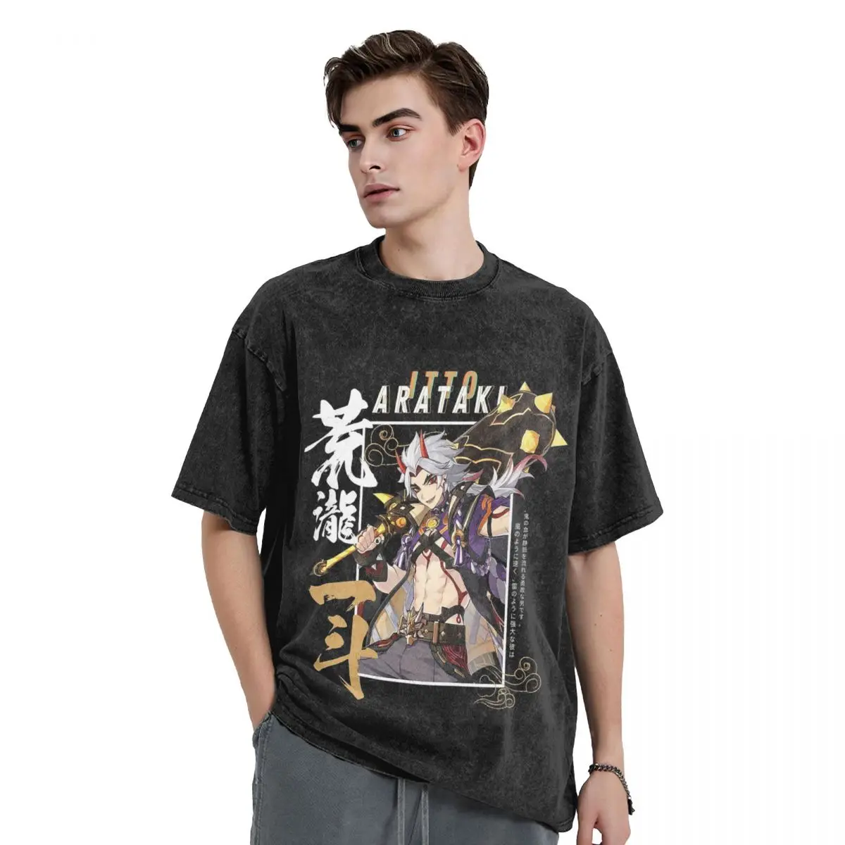 Genshin Impact Arataki Itto Washed T Shirts Harajuku Short Sleeve Hip Hop T-Shirt Streetwear Tops Tees for Men Women