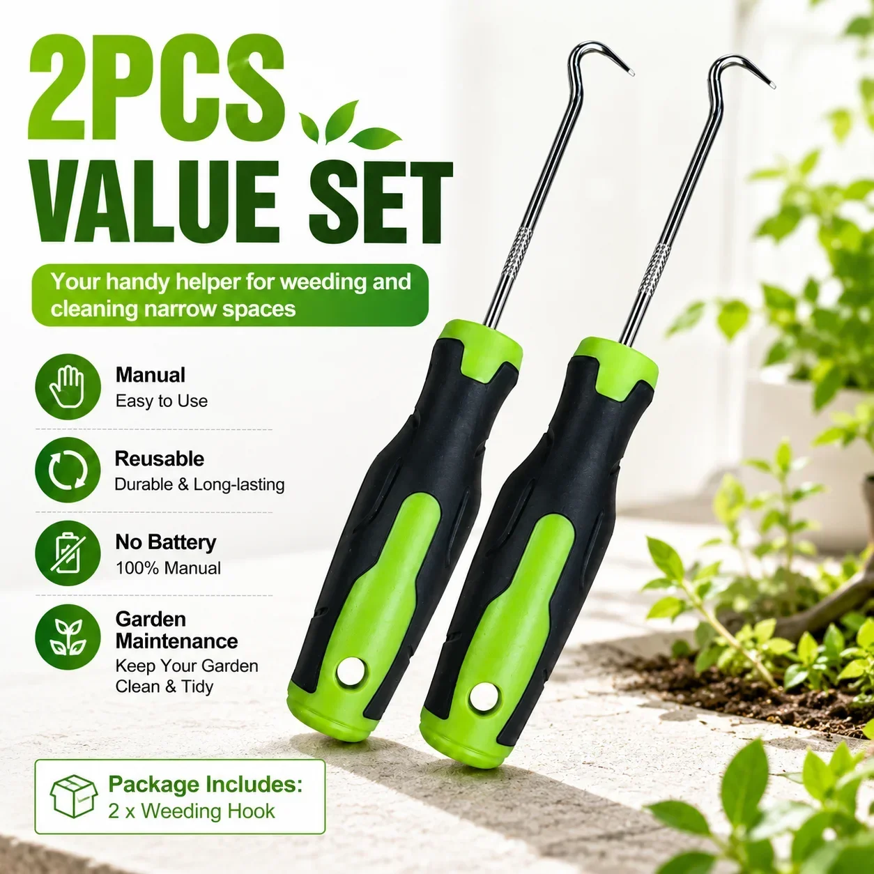2Pcs Manual Weeding Hook Tool Stainless Steel Moss Remover Garden Weed Puller for Patio Driveway Brick Gaps Lawn Edging