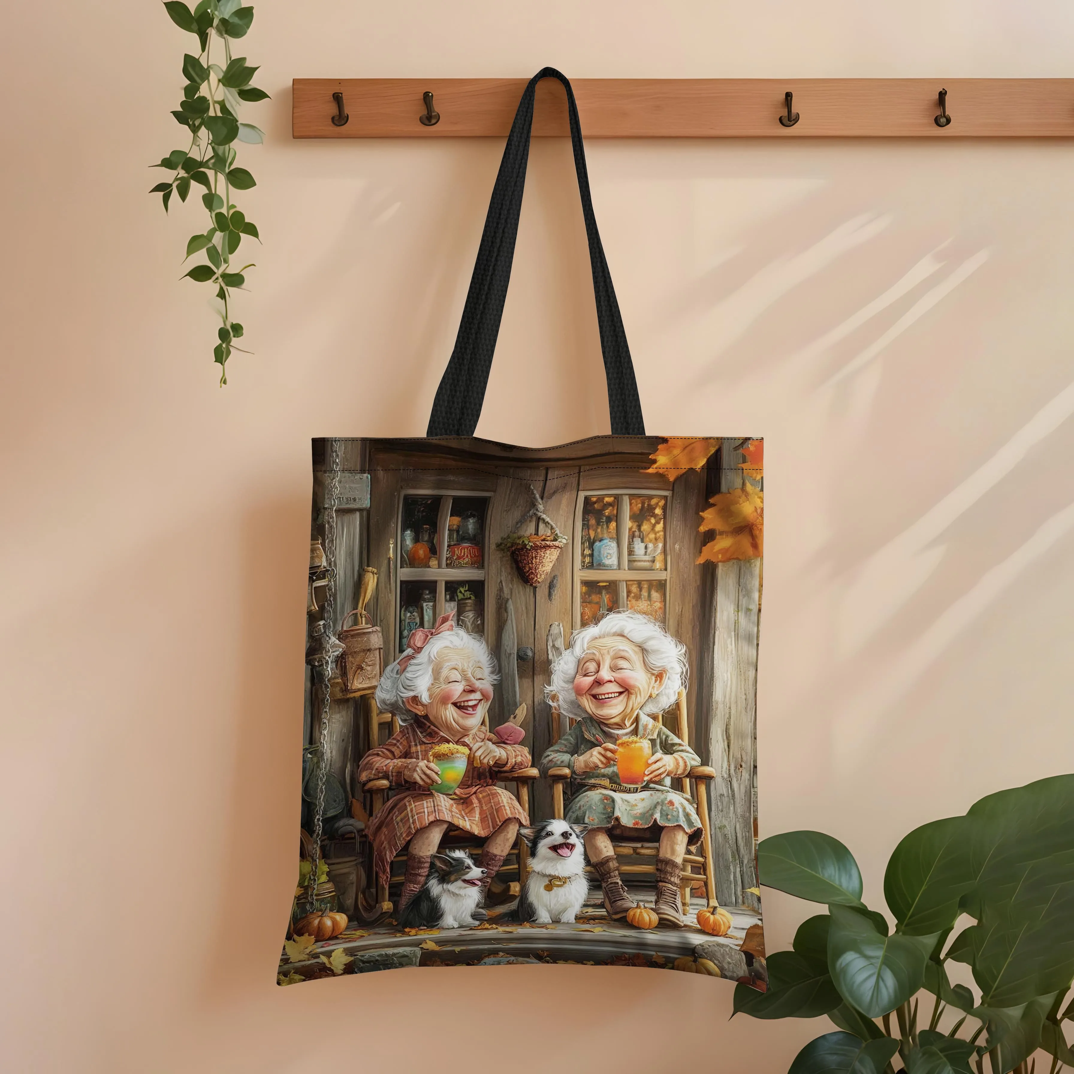 1pc Autumn Warmth Friends Print Tote Bag, Reusable Polyester Foldable Large Capacity Casual Shopping Bag