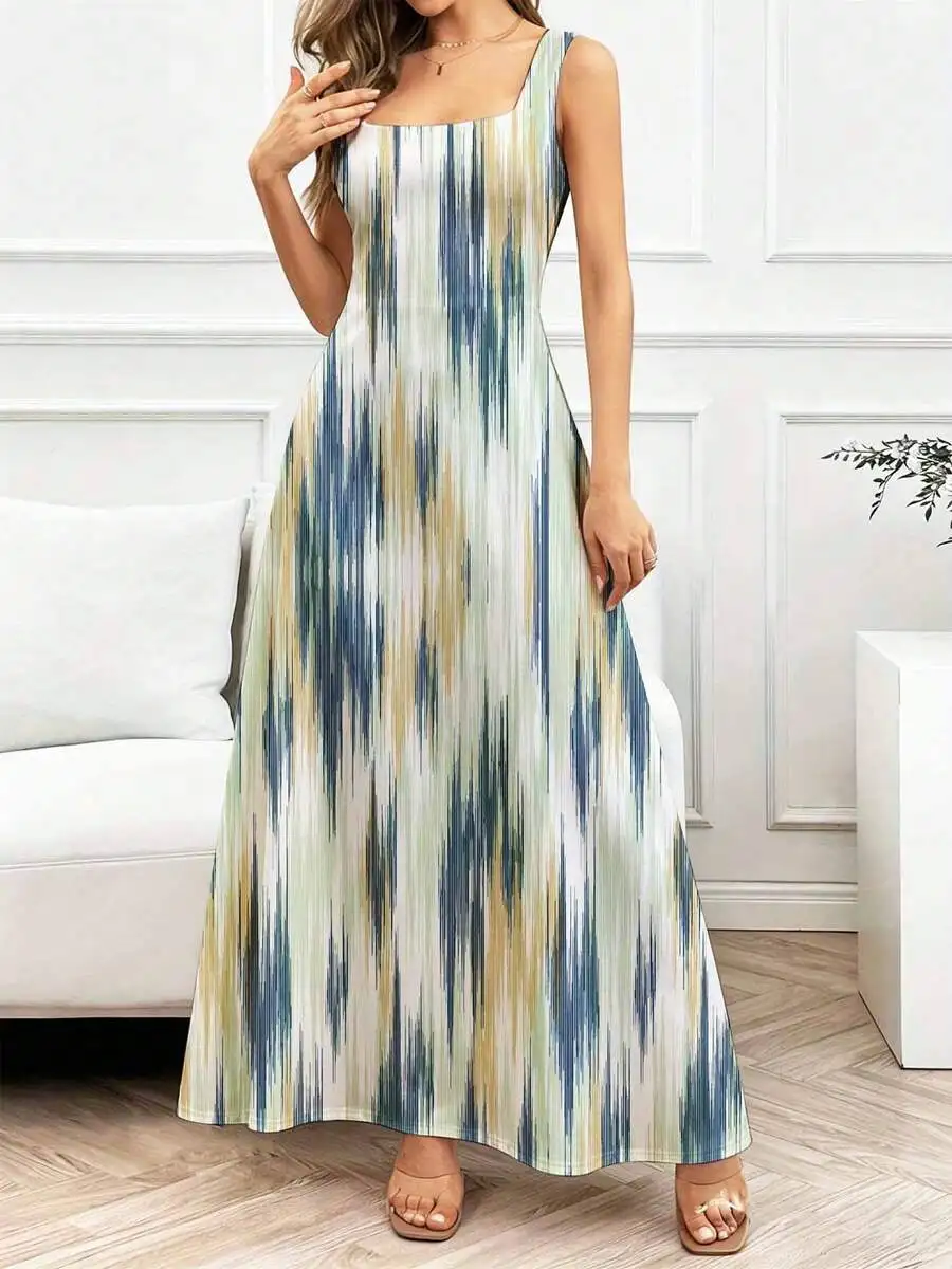 

Square Neck Sleeveless Maxi Dress Abstract Print Flowing Flare Casual Everyday Wear