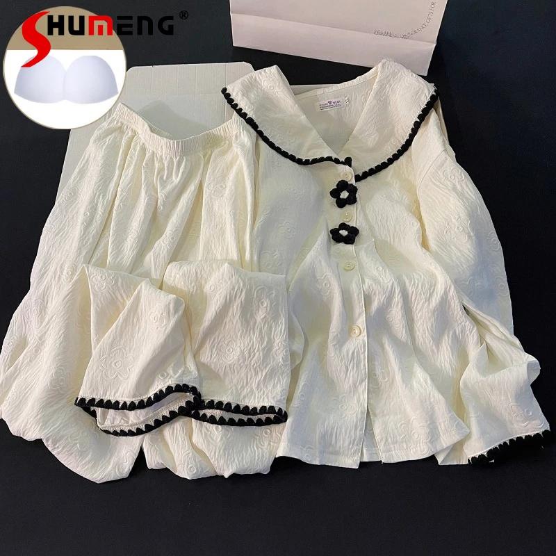 

Pure Cotton Black Floral Pajamas for Women with Chest Pads Long Sleeve Loungewear Suit Female Simple Casual Sweet Homewear Set