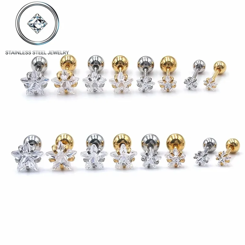 Pendientes de tuerca de acero inoxidable 316 con estrellas y circonitas AAA, color oro, 0.8*6mm, con cierre de rosca 212, a la moda, que no se desvanecen, hipoalergénicos.