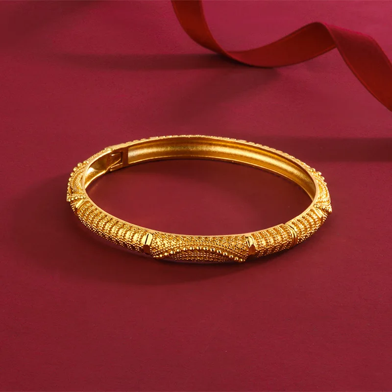 24k Gold 9999 Women'S Retro Foreign Trade Bangle, Three-Dimensional Carved Clasp Bracelet Fine Jewelry Gift