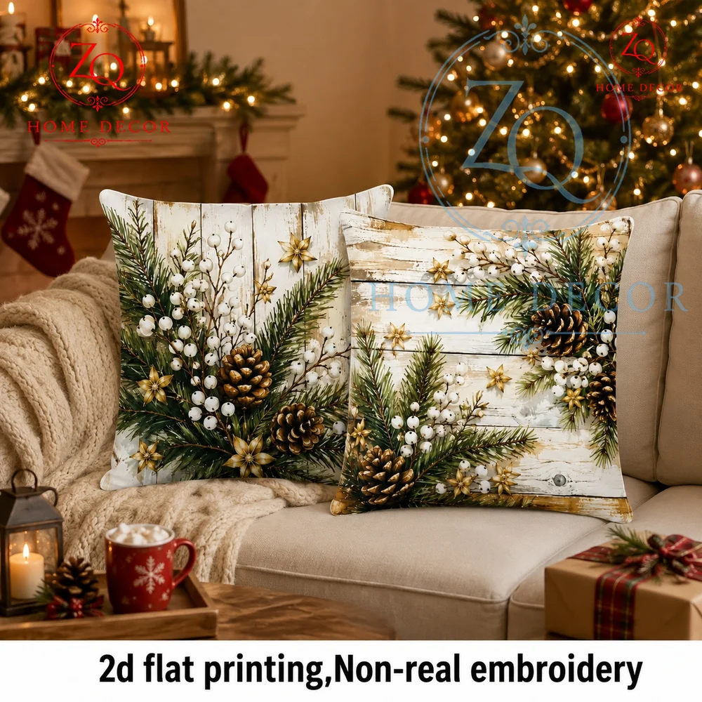 Rustic Farmhouse Christmas Pillow Covers Vintage Wood Pine Cone  Berry Decorative Throw Pillow Cases  Winter Holiday  Couch Bed