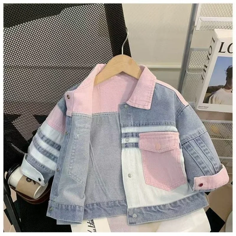 

Spring Autumn Girls Denim Jacket Fashionable 2026 New Style Children Casual Korean Version Patchwork Coat Outerwear for Kids