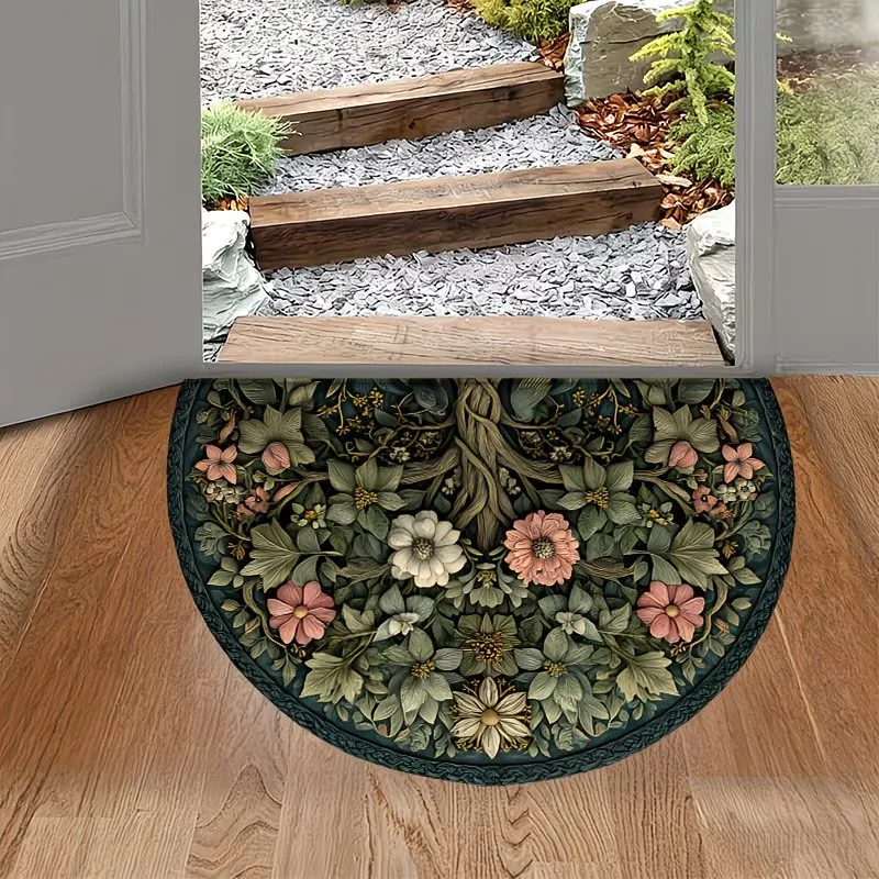 Vintage Botanical Half Round Doormat Non-Slip Entrance Rug Washable Semi-Circle Floor Mat for Front Door Bedroom Decor