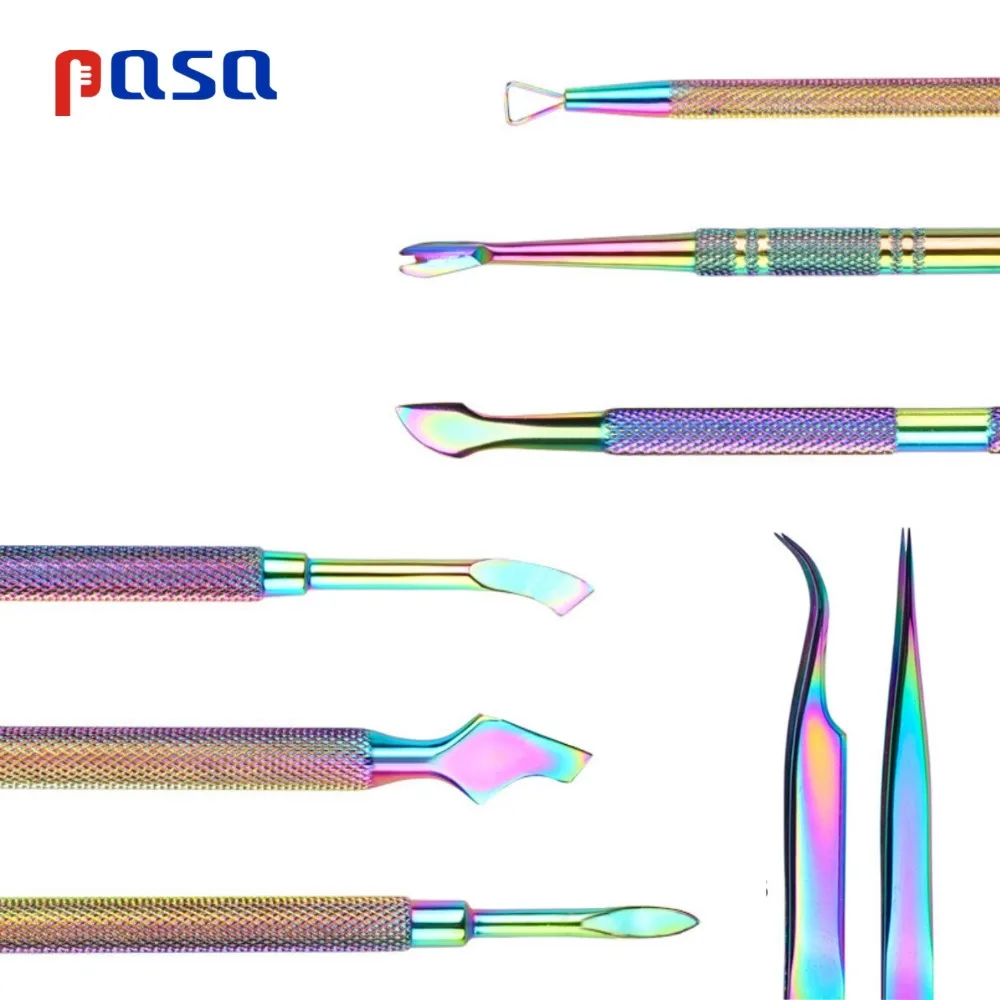 레인보우 스테인레스 스틸 네일 큐티클 푸셔 트위저 네일 아트 파일 UV 젤 폴란드어 제거 매니큐어 케어 그루브 클린 도구