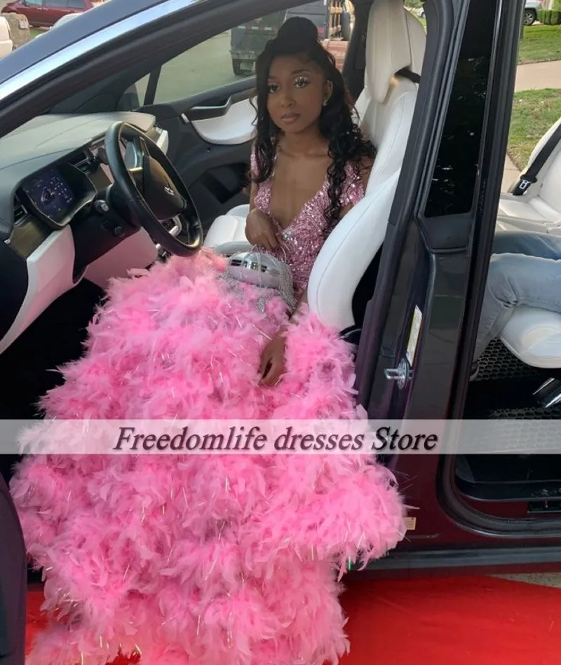 Pink Crystal Prom Dresses For Black Girl 2025 Luxury Feathers Mermaid Evening Gowns Robe De Bal Party Dress Customized