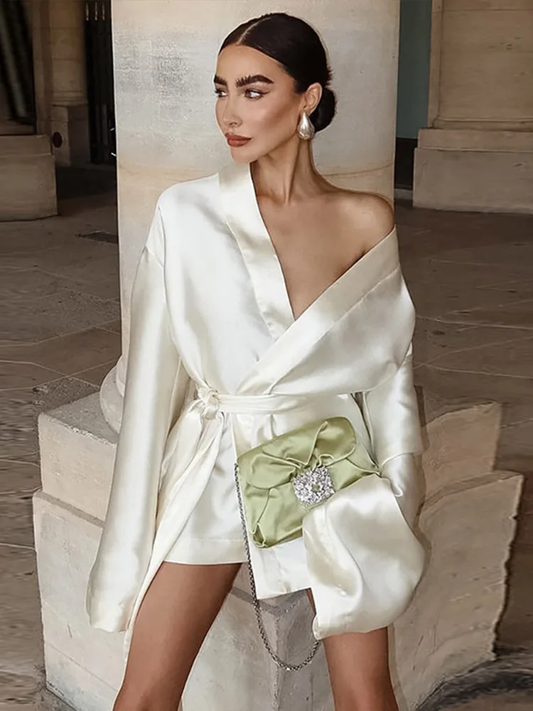 Vestido de manga comprida com cadarço, primavera, sexy, solto, moda, cor sólida, festa, noite, cetim, minimalismo, elegante, mulher, vestido curto