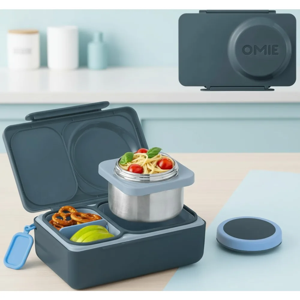 

Изолированный детский ланч-бокс | Герметичный контейнер Bento | Термальная банка для еды с пакетом льда | 2-отделения (графит)