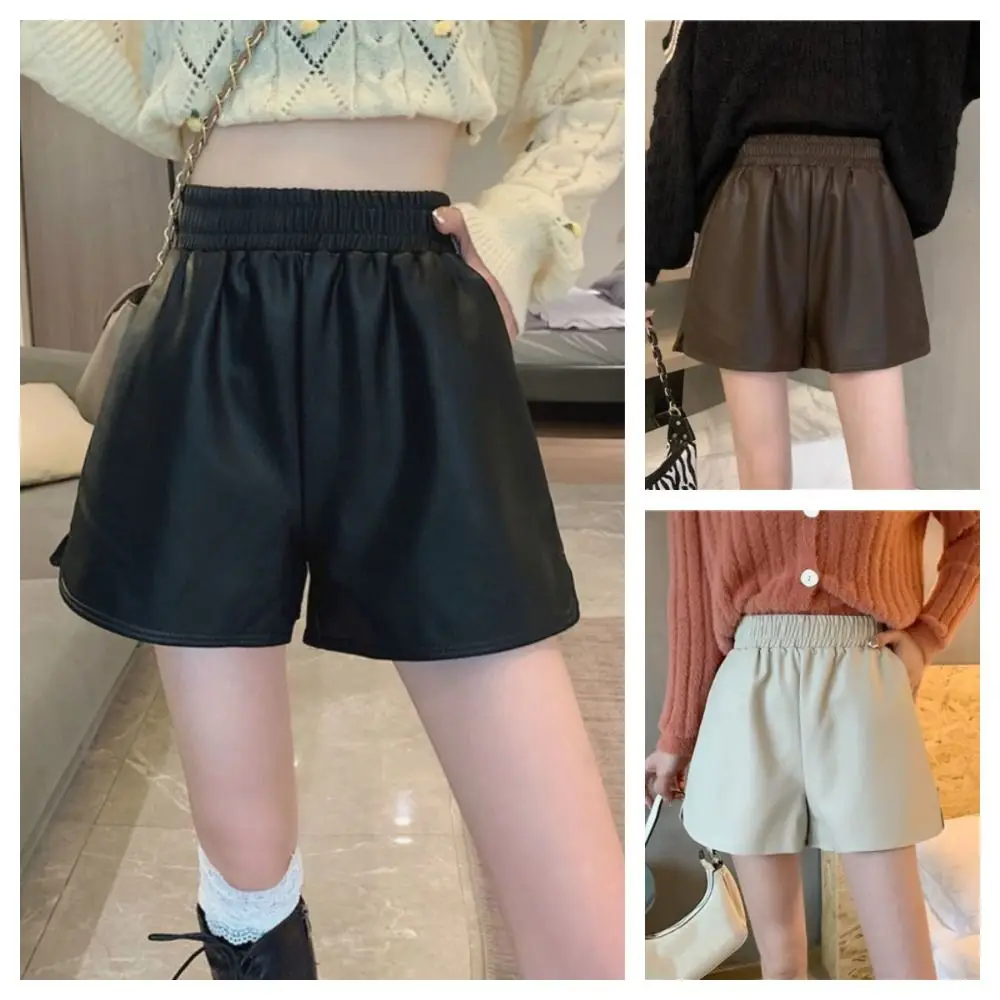 Fashion PU High Waist Leather Shorts Baggy Loose Hot Woman Short Pants Solid Color Streetwear Elastic Waist Shorts Summer