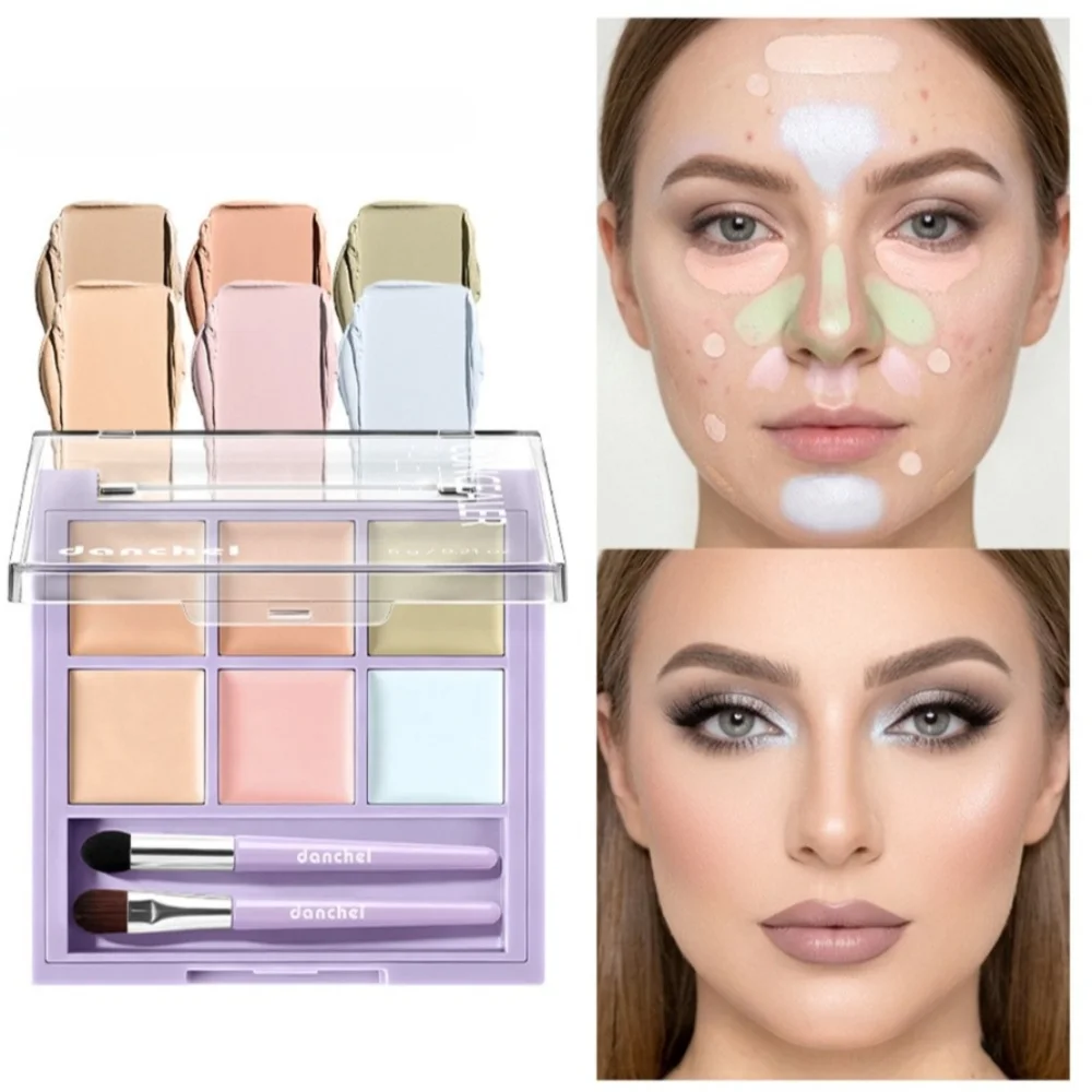6 Colors Cream Concealer Palette Full Coverage with Dual Brush Multi-Shade Concealer Palette Long Lasting Waterproof