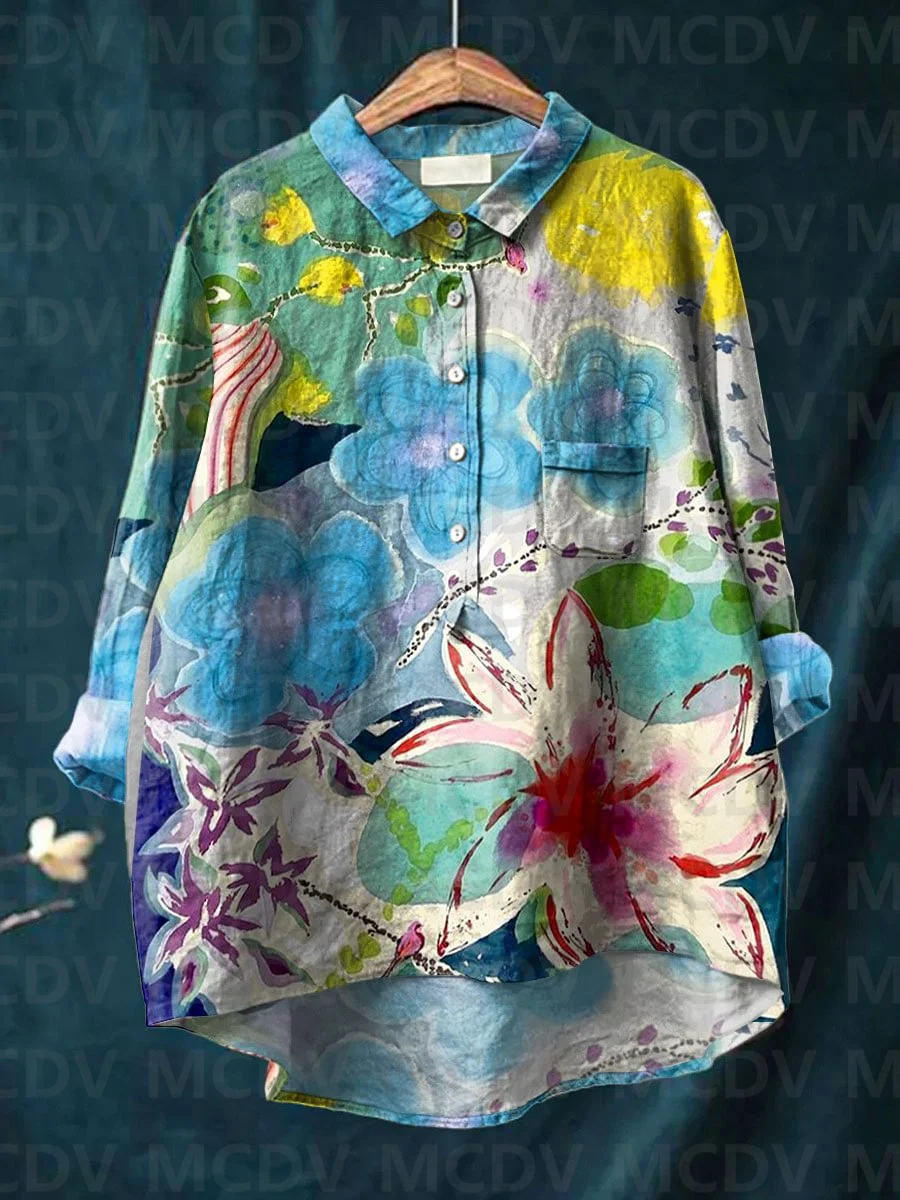 Camisa estampa artística de planta floral feminina, camisa casual e linho