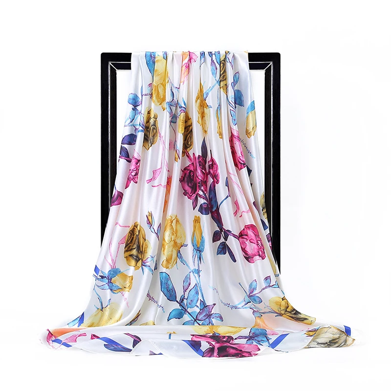 Spring New Flowers Print Satin Square Scarf for Women Muslim Hijab Silk Neckerchief Shawl Wraps Headband Foulard Bandana Turban view 4