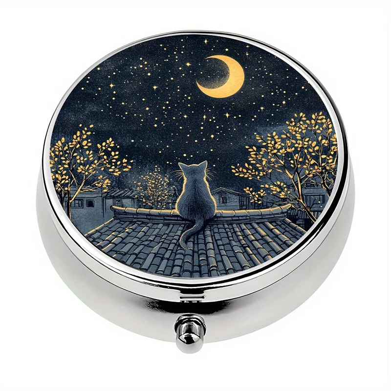 Single pack, flat print, night scene tile roof moon-viewing circular multi-compartment portable box, sealed and moisture-proof, portable vitamin storage, tranquil and healing, artistic design, unisex, convenient for commuting