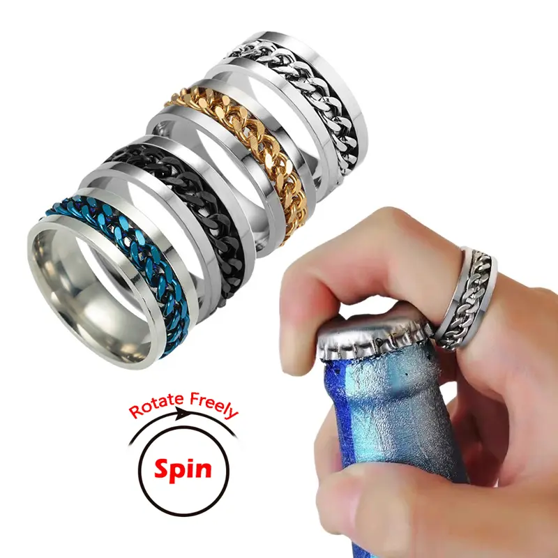 Titanium Steel Rotatable Chain Couple Ring Anxiety Multifunctional Jewelry Fashion 8mm Fidget Spinner Rings Power Sense Gifts - 2