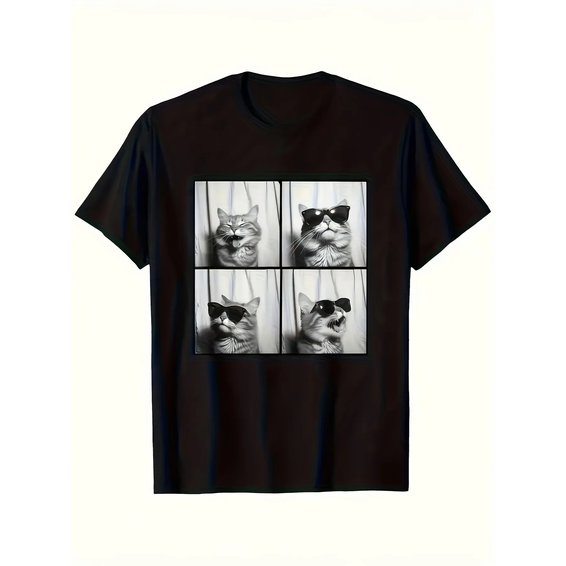 Funny Photo Booth Cat with Glasses Print T-Shirt, Casual Cotton Crew Neck Tee for Cat Lovers