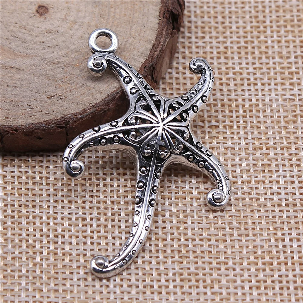 WYSIWYG 2pcs 45x43mm 3D Hollow Starfish Charm Fashion 3D Starfish Charm 3D Hollow Starfish Pendants Antique Silver Color