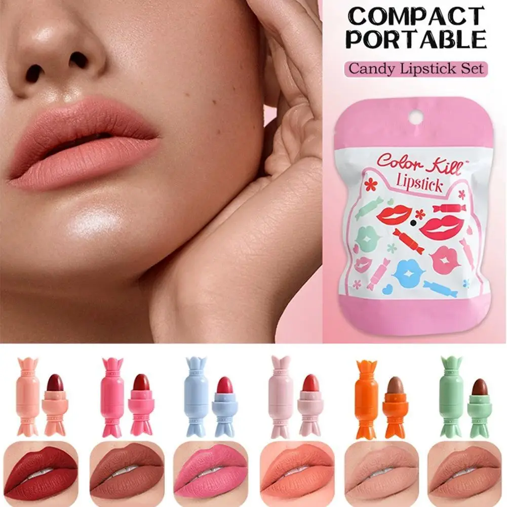 6 kleuren/doos Leuke Mini Lippenstift Mat Fluwelen Capsule Waterdichte Lippenstift Cosmetisch Cadeau Langdurige Gemakkelijke Kleur Lippenstift