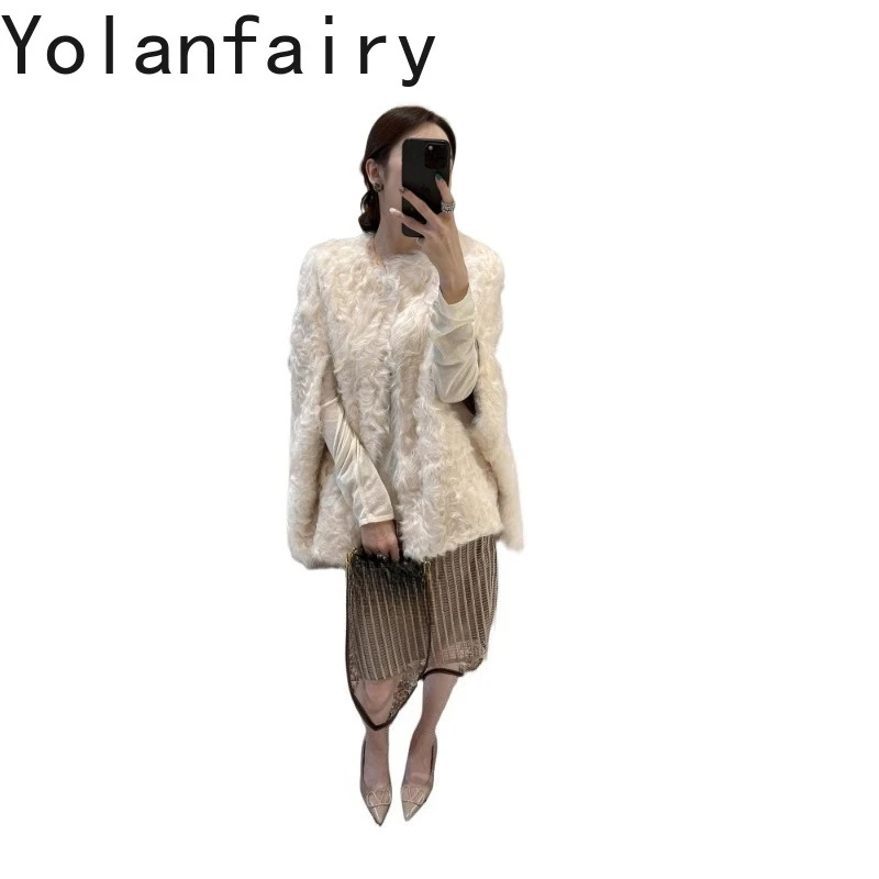 YOLANFAIRY Genuine Sheepskin Shearling Woman Real Fur Coat Winter High Quality 100% Natural Fur Jacket Cape Style Casaco Pele