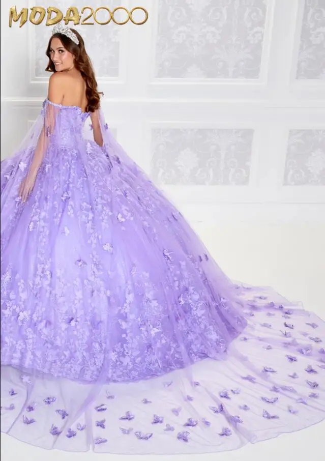 Gaun putri Lavender Quinceanera dengan jubah dari bahu korset kupu-kupu bunga manis 15 gaun vestido debugante lilas