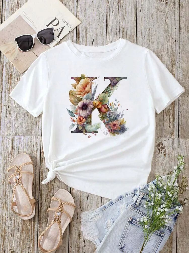 Name Letter Combination Fashion Women T-shirt Floral Letter Font A B C D E F G Short Sleeve Tops White T-shirt Aesthetic Clothes