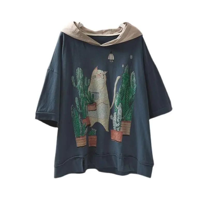 Korean Style T Shirt Women Fashion Artistic Printed Hooded T-shirt Casual Loose Oversized Short Sleeve Thin Hoodie Summer Tshirt