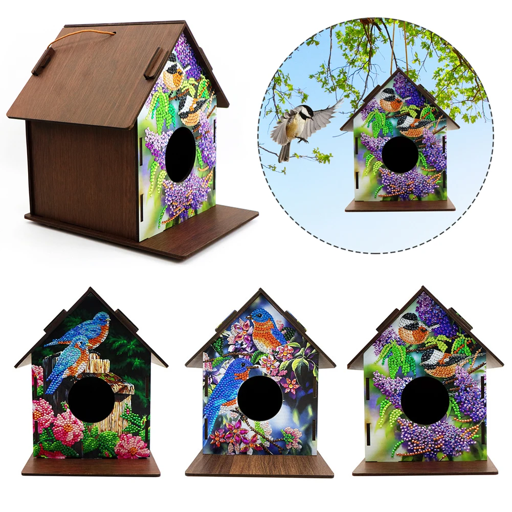 5D DIY Hanging Bird Nest Diamond Painting Animal House Mosaic Embroidery Cross Stitch Kit Wooden Hut Parrot Cage Shelter