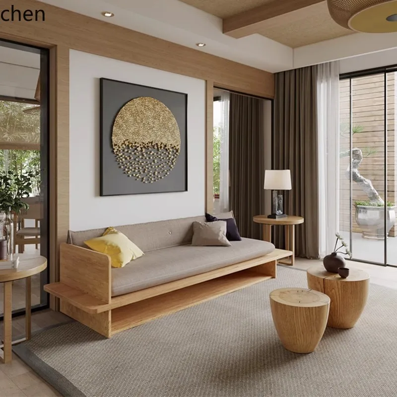 CZ Small Apartment Sofa Bed, Homestay Wooden Furniture, Vintage Solid Wood Sofa with Drawers, Three-Seater Sofa