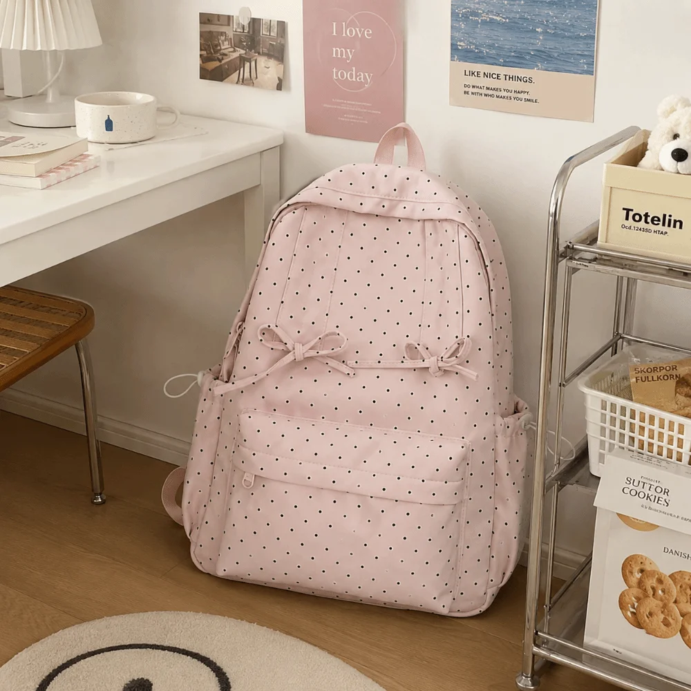 Y2k Sweet Polka Dot Backpack Bow Design Lightweight Minimalist Rucksack Large Capacity Durable Student School Bag Daily