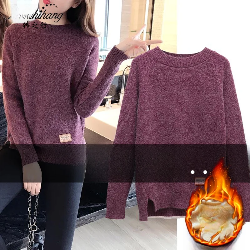 

Женский утепленный свитер с круглым вырезом и флисовой подкладкой, осенне-зимний, новый, теплый, с длинными рукавами, вязаный топ