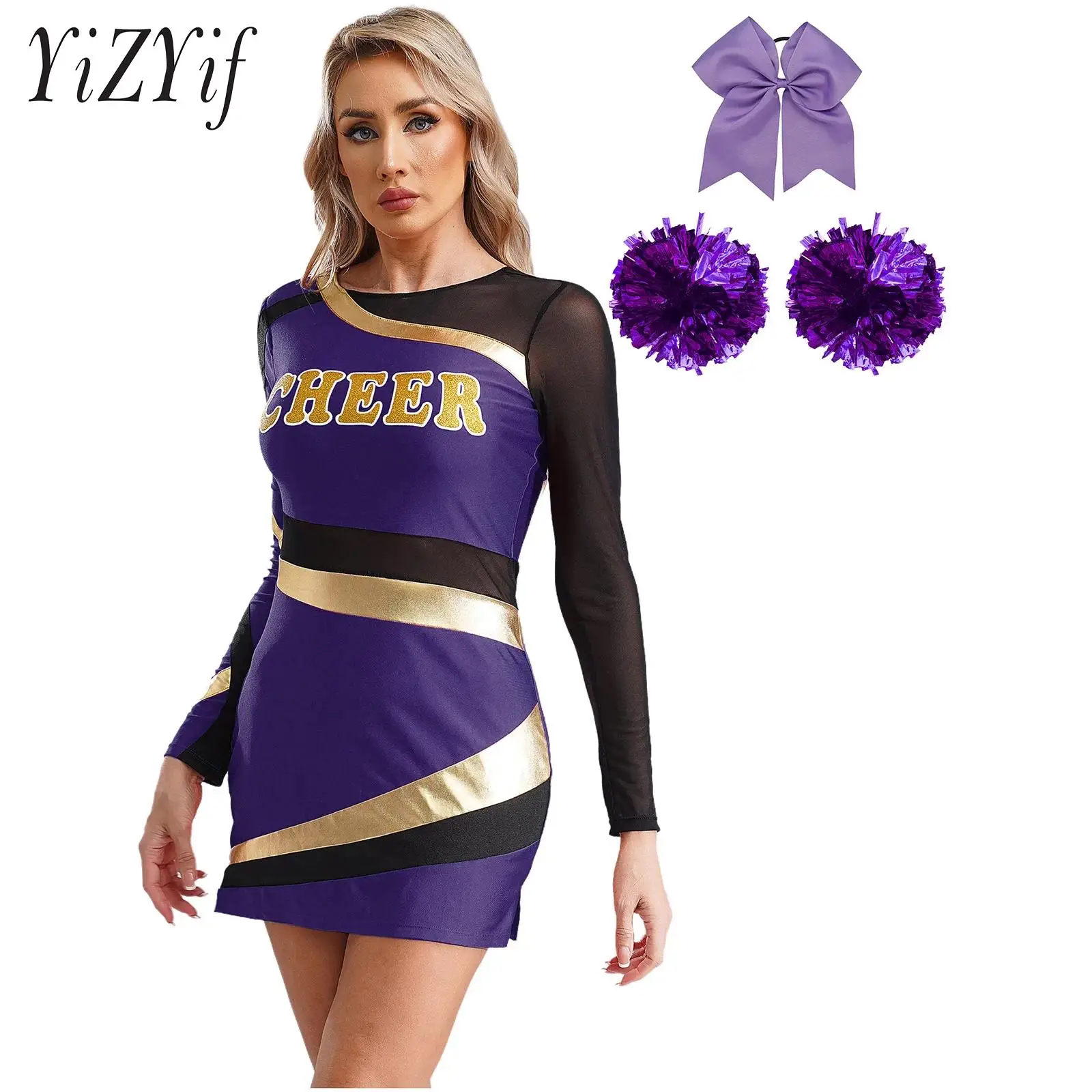 Cheer Leading Patchwork fur s Set pour femme, tenue 4 pièces, manches longues, impression, bordure dorée, nœud de tête, fleur Ik, 1 paire