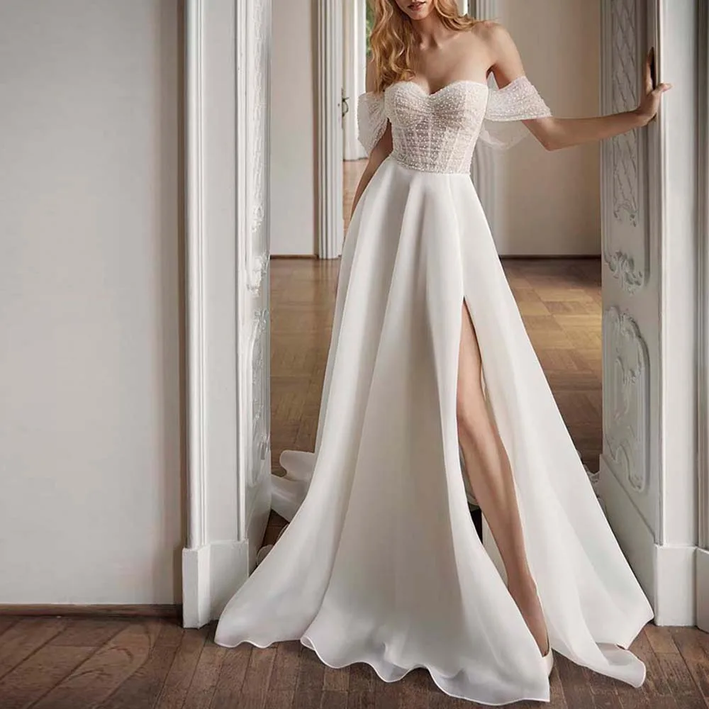 Angepasst Minimalismus Strand Hochzeit Kleid Split Welle Punkt Weg Von der Schulter Brautkleid A-linie Organza Sommer vestidos de novia