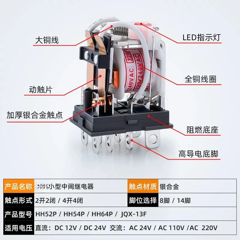 Intermediate Electromagnetic Relay HH52P HH54P JQX‑13F HH64P 8Pin 14Pin DC12V DC24V AC24V AC110V AC220V