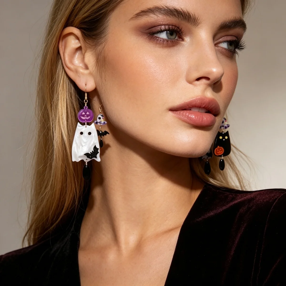 Asymmetrische Ohrringe aus Acryl mit schwarzer und weißer Katze, Kürbis, Fledermaus, Hexenhut für Frauen, Gothic-Blumen-Geister-Tropfenohrringe, Halloween-Schmuck – Detail 7