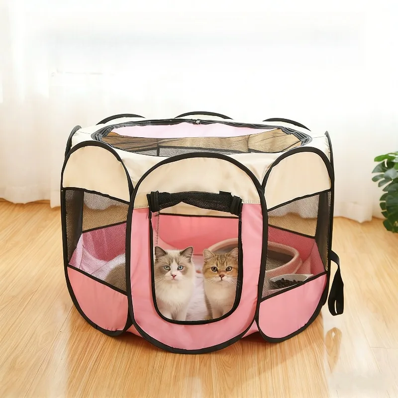 2026 New Pink Cat Delivery Room Foldable Cat Cage Pet Fence Dog Tent Summer Breathable Dog Octagonal Cage Dog Supplies