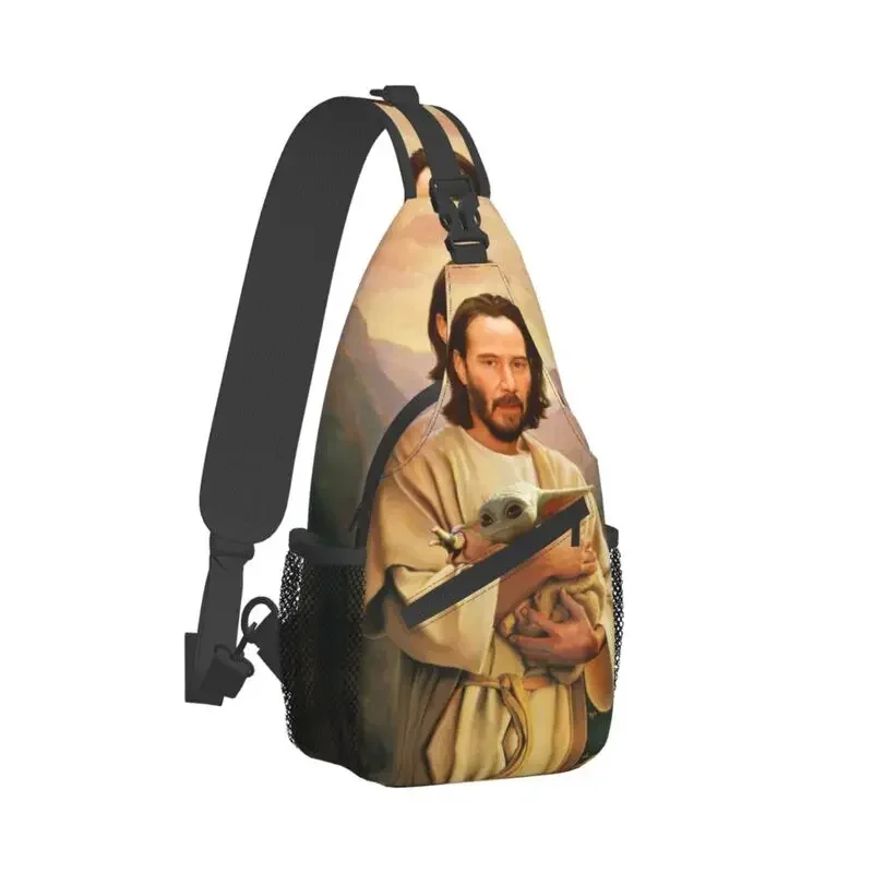 Saint Keanu Reeves And Baby Sling Chest Bag Custom Crossbody Shoulder Backpack for Men Travel Hiking Daypack