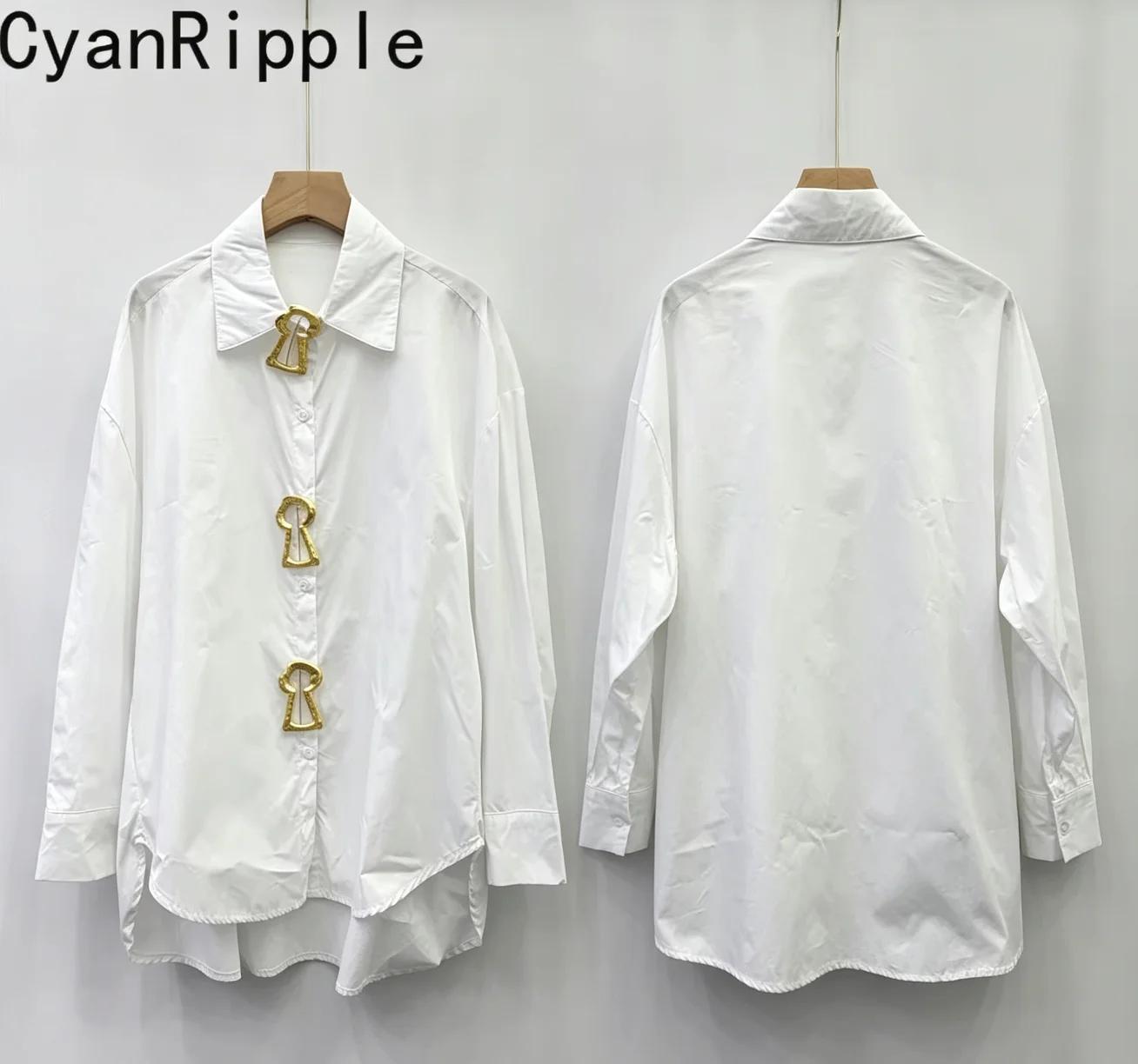 Solid Color Long Sleeve Women Blouses 2026 New Spring Autumn Loose Cardigans Top Metal Buckle Female Casual White Shirts