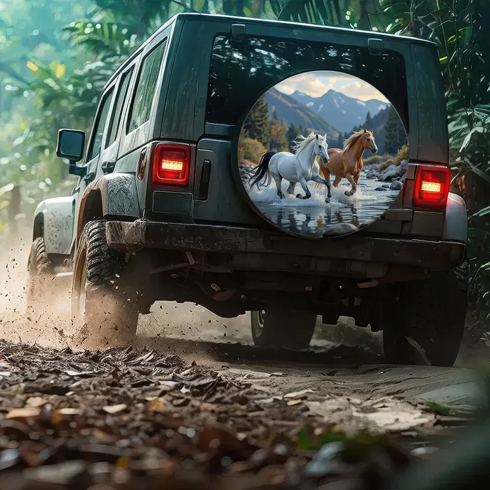 1pc 2D Flat Printing Tire Cover Two Horses Polyester Without Electricity Camping Perfect For Gas Station Parking Spaces, 2D Flat