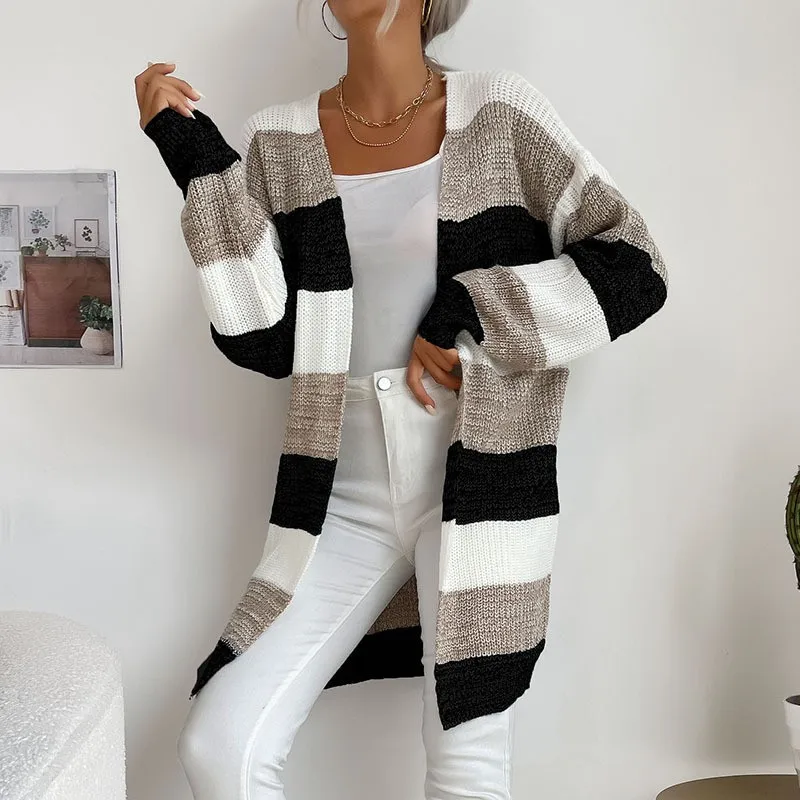 

Fashion Women Cardigan V-neck Knitted Sweater Autumn Warm Holiday Cardigan Colourblock Soild Colour Loose Coat