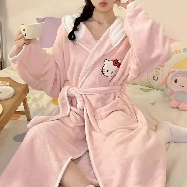 New Hello Kitty  cute hooded nightgown cartoon kawaii thick absorbent quick-drying long adult bathrobe pajamas