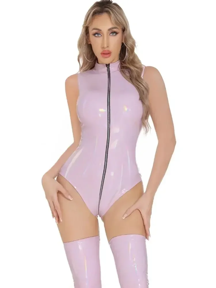 Sleeveless Laser Wet Look PVC Catsuit Shiny PU Leather Zipper Open Crotch Bodysuit Tights Cosplay Clubwear Hot Sexy Body Teddies