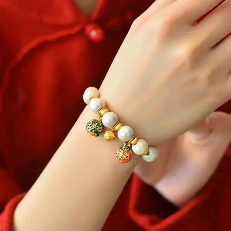 Swallow gold beast with cream white ash porcelain glaze retro single ring bracelet women's handstring handicraft