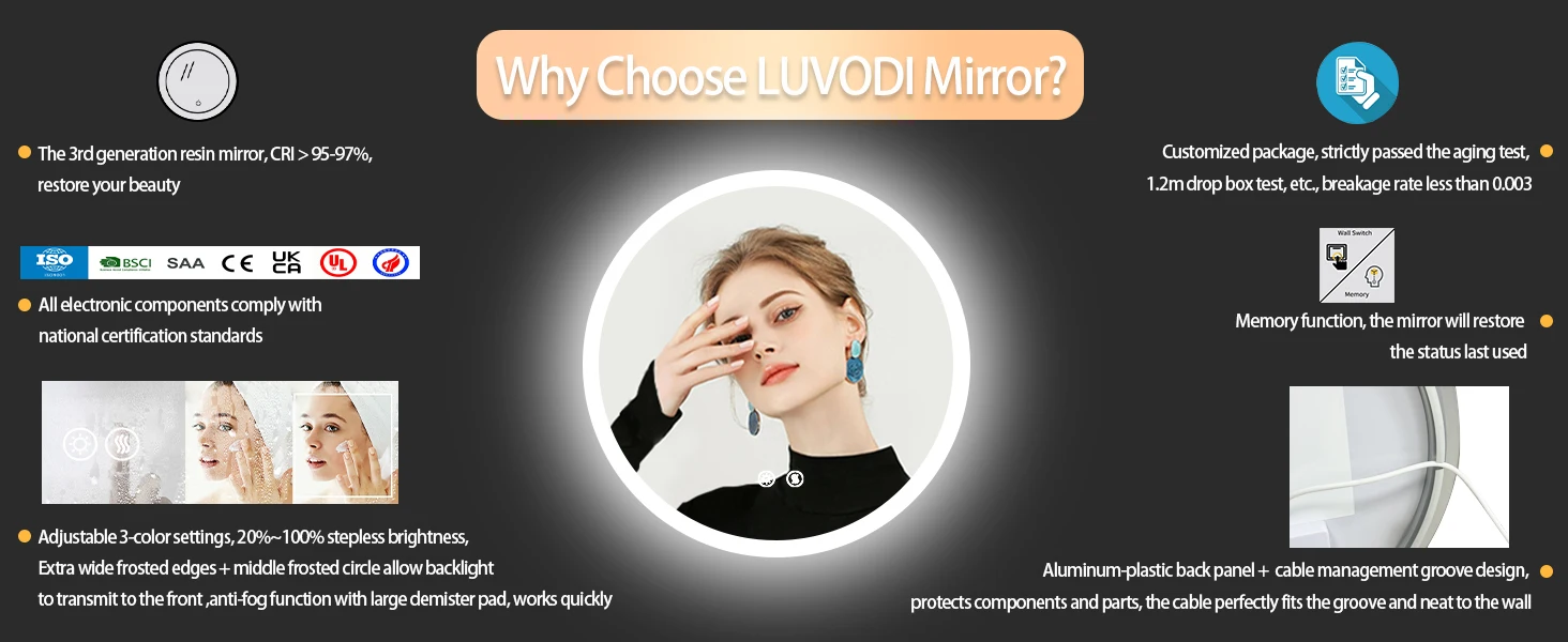 Round LED Bathroom Mirror 500 600 700 800 900mm Wall Vanity Mirror with Aluminum Frame, Anti-Fog, Stepless Dimming, 3000K/4000K/6000K,Memory Function, Backlit, Dual Buttons