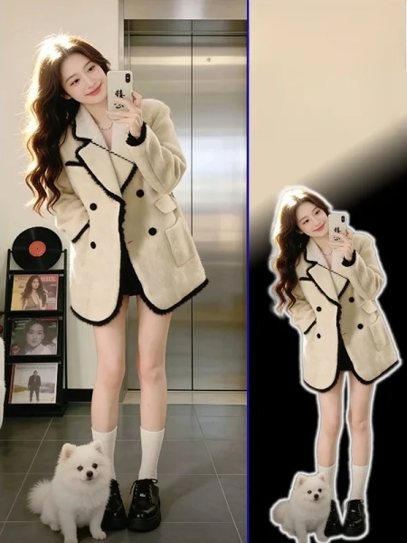 

plus Size Women's Elegant Woolen Coat Medium Length Fashionable Spring New Style Open Front Double Button French Style Coat
