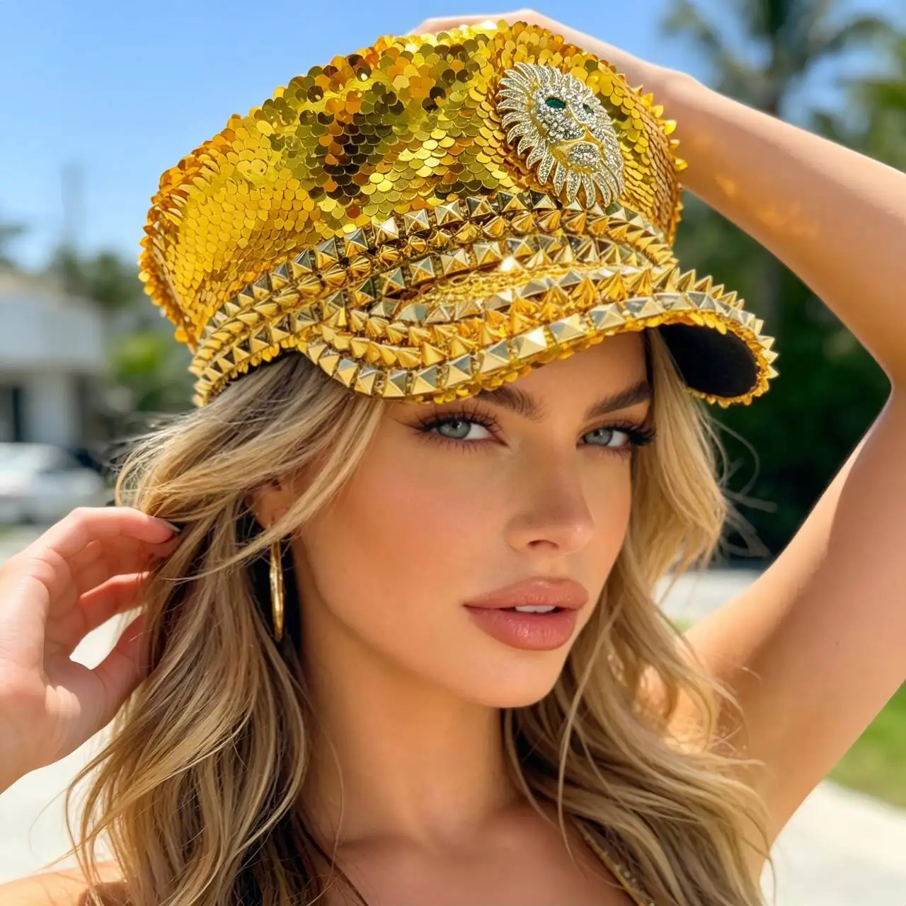 Steampunk Captain Hat Rhinestone for Music Festival, Halloween, Disco, Burning Man, Vintage Military Cap for Men & Women
