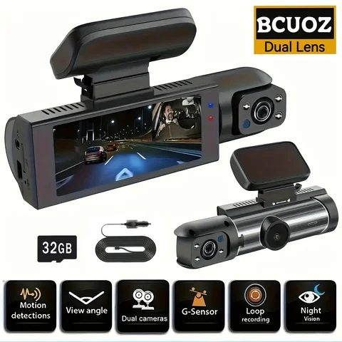 BCUOZ Dual-Lens Dashcam 1080P Front Camera And 720P Built-In Car Cameras Super Night Vision Loop Recording G-Sensor WDR 12-24V Car Plug Power Supply Optional 32GB Memory Card