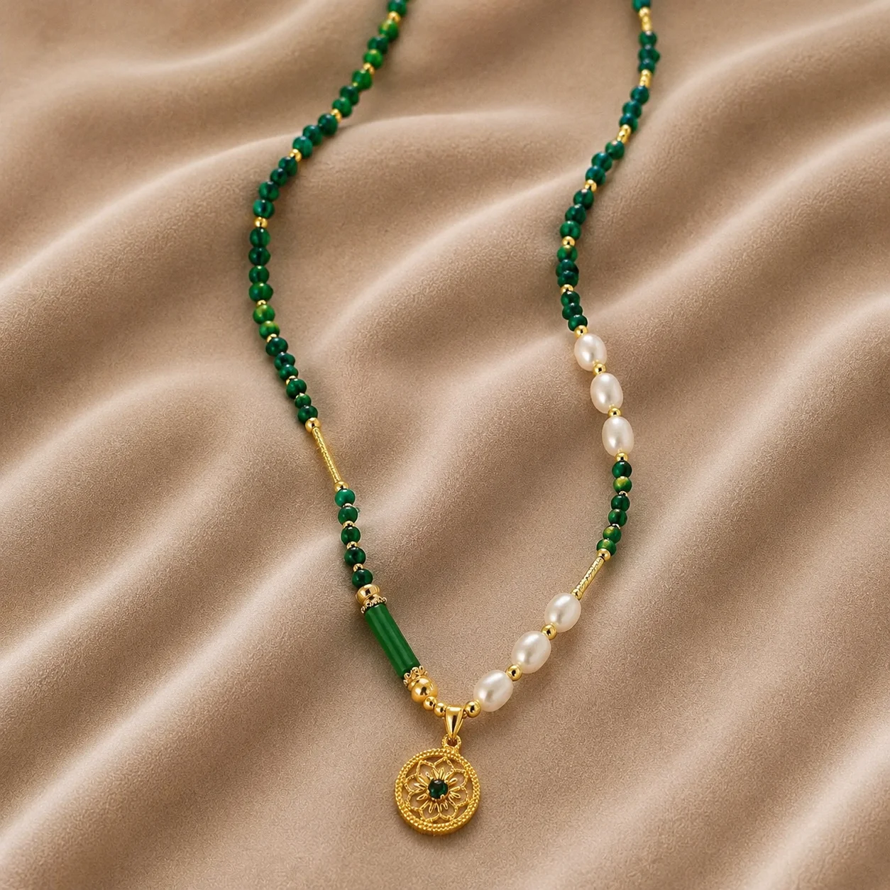 Women Hand‑Beaded Necklace Green Natural Stone Freshwater Pearl Hollow Carved Gold Round Pendant Retro Daily Stackable Jewelry