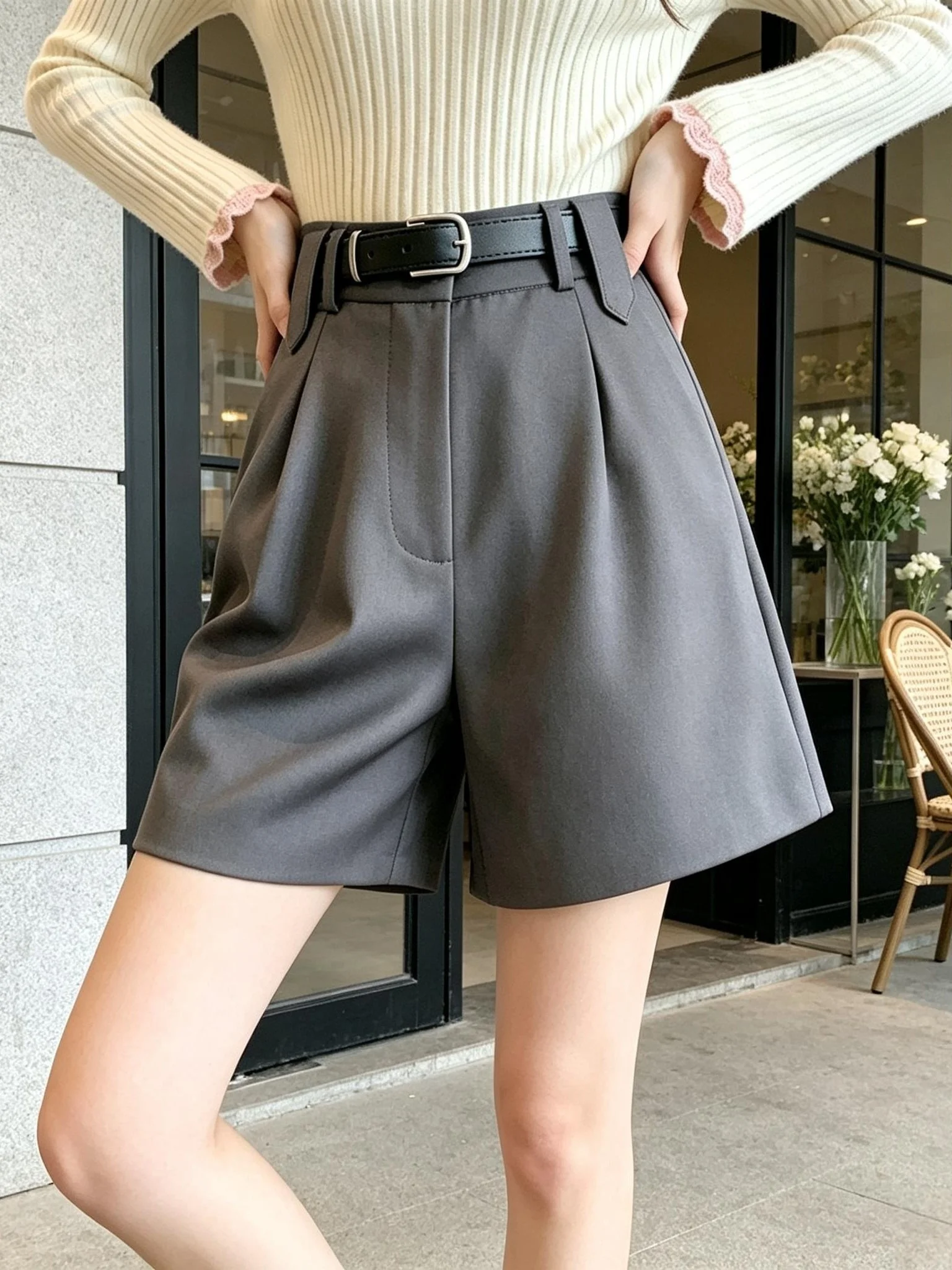 Grey Suit A-Line Shorts Women's Casual High Waist Wide Leg Boot Pants Spring Autumn New Style Comfortable Breathable Polyester