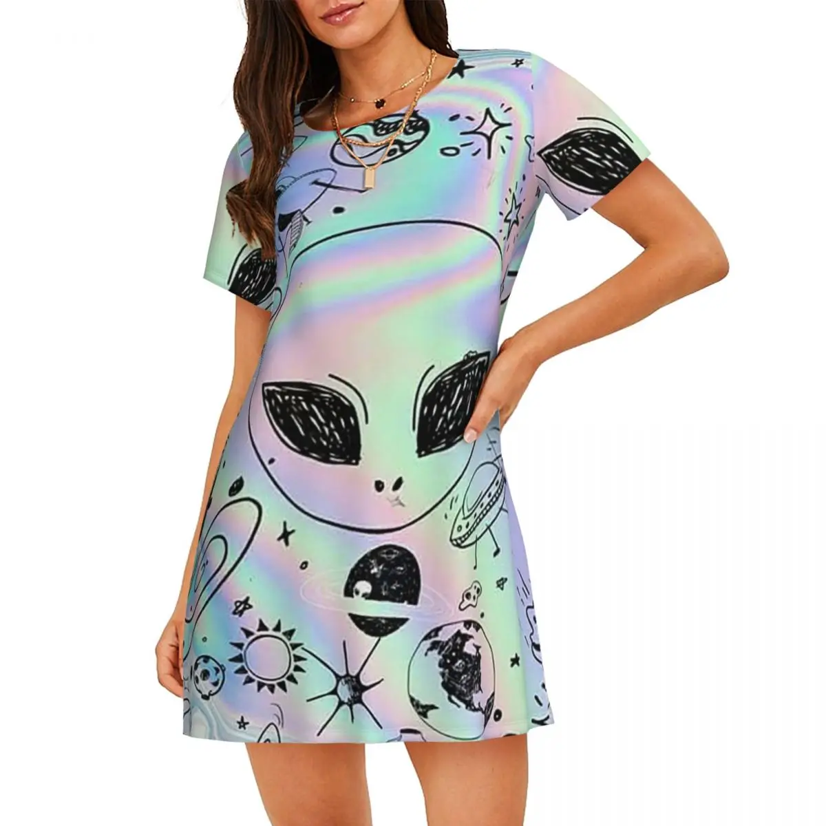 Alien Universe Wondrous Cosmos With Planet Short Sleeves Nightdress For Sleeping Women Short Sleeve Nightgowns Pajama Dress